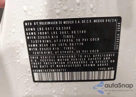 2024 Volkswagen Tiguan 2.0T Se/2.0T Wolfsburg Edition z USA, uszkodzony, nr VIN 3VVMB7AX3RM138711